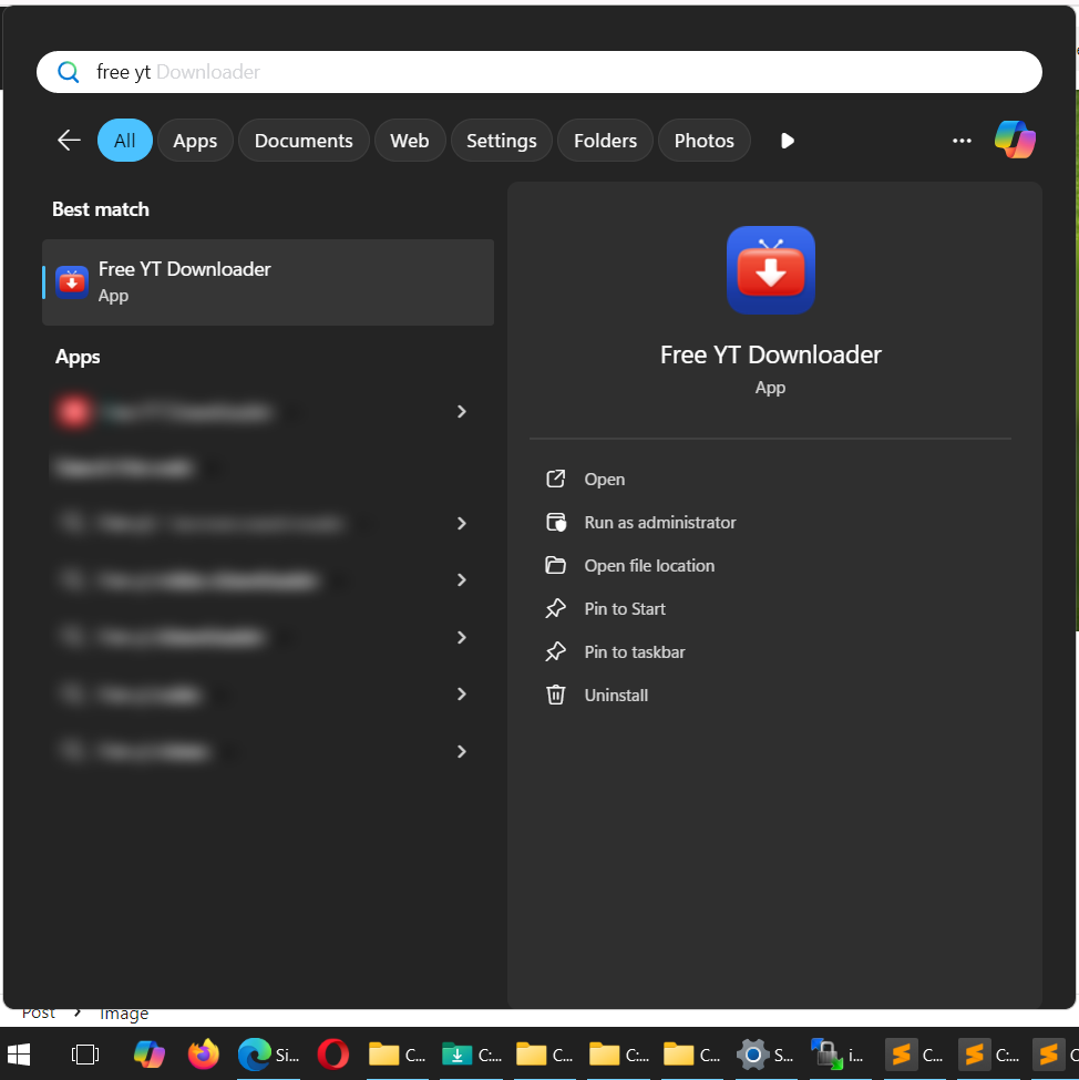 Free YT Downloader start menu buttons