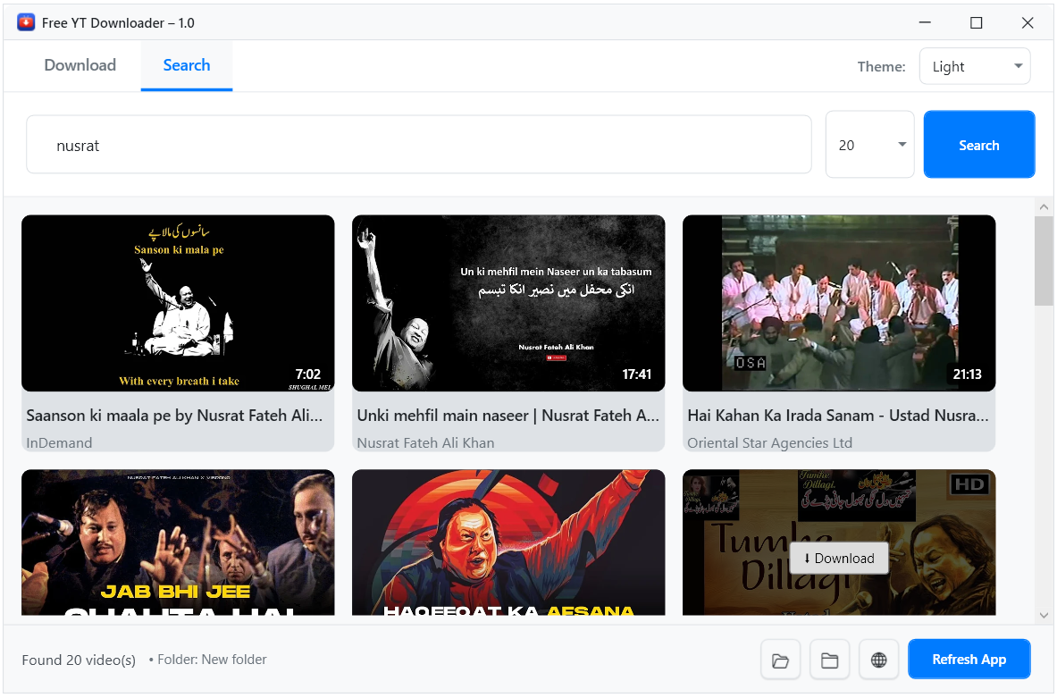 Free YT Downloader Application Screenshot - Professional YouTube video downloader interface showing built-in search, download options, and clean modern design